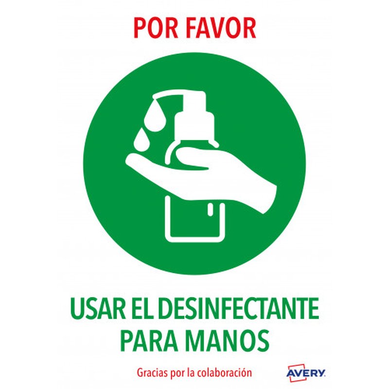SEÑALES ADHESIVOS PREIMPRESO  "USAR DESINFECTANTE PARA LAS MANOS" SOBRE DE 2 HOJAS EN A4 AVERY AV_KITCOVID3_ES