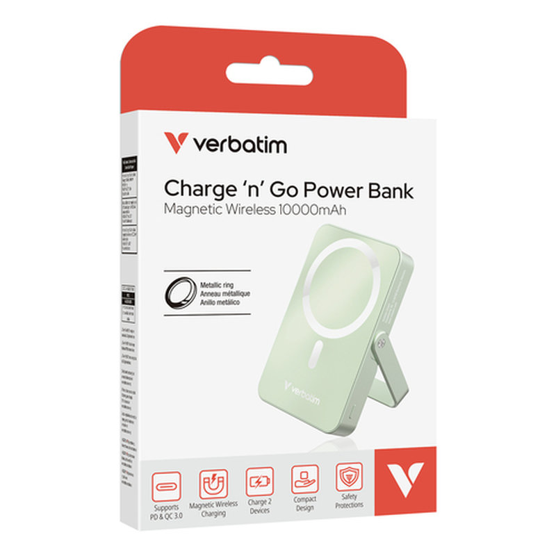 Verbatim Charge 'n' Go Magnetic Wireless Polímero de litio 10000 mAh Cargador inalámbrico Verde - Imagen 3