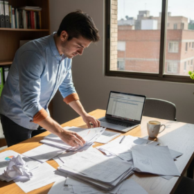 El responsable de una pequeña empresa se encarga de organizar la información en su oficina.
