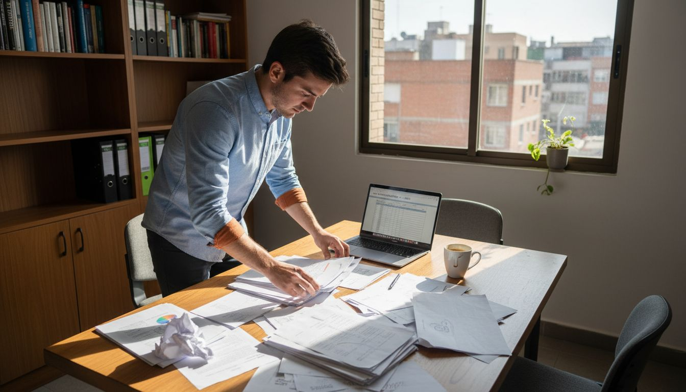 Proceso de gestión de datos empresariales para PYMES eficiente El responsable de una pequeña empresa se encarga de organizar la información en su oficina.