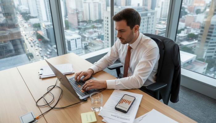 Un empresario analiza información en su portátil mientras trabaja en su oficina en la ciudad.