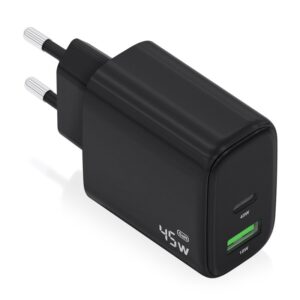 AISENS Cargador GaN 45W, 1xUSB-C PD3.0 QC4.0, 1xUSB-A QC3.0, Negro