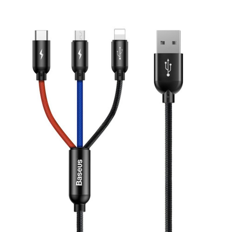 BASEUS THREE PRIMARY COLORS 3-IN-1 CABLE USB FOR M+L+T 3.5A 1.2M BLACK