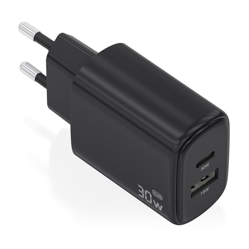 CARGADOR AISENS GAN 30W 1XUSB-C PD3.0 QC4.0 1XUSB-A QC3.0 NEGRO