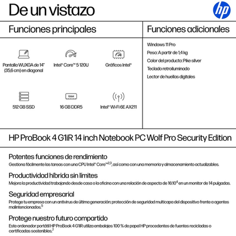 HP ProBook 4 G1iR Wolf Pro Security Edition Intel Core 5 120U Portátil 35,6 cm (14") WUXGA 16 GB DDR5-SDRAM 512 GB SSD Wi-Fi 6E (802.11ax) Windows 11 Pro Plata - Imagen 4