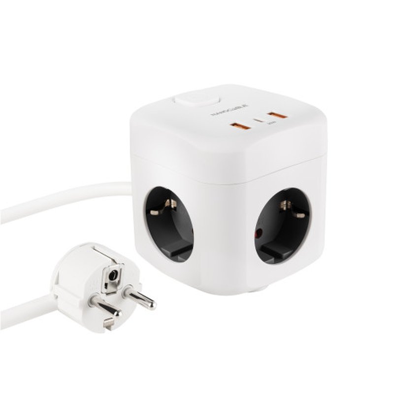 Nanocable Base de 3 enchufes con 3 USB (2 USB-A + 1 USB-C), GaN + PPS, PD 20W, con interruptor, Blanco