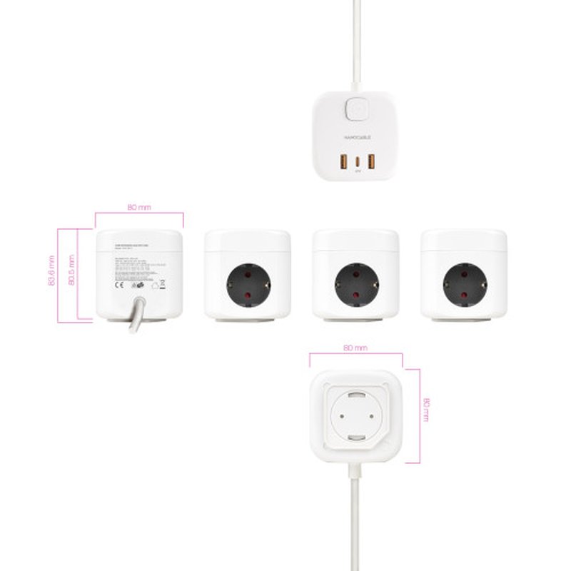 Nanocable Base de 3 enchufes con 3 USB (2 USB-A + 1 USB-C), GaN + PPS, PD 20W, con interruptor, Blanco - Imagen 3
