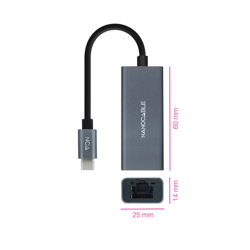 Nanocable Conversor USB-C a Ethernet Gigabit 10/100/1000 Mbps, Aluminio, Gris, 15 cm - Imagen 2