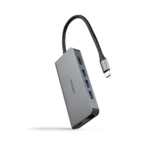 Nanocable Hub USB-C 8 en 1, Conversor USB-C 3.1 a 3xUSB-A 3.0 + HDMI 4K@60Hz + USB-C PD + RJ45 1Gbps + TF + SD, Aluminio, Gris, 18 cm