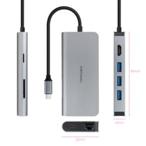 Alternative view of Nanocable Hub USB-C 8 en 1, Conversor USB-C 3.1 a 3xUSB-A 3.0 + HDMI 4K@60Hz + USB-C PD + RJ45 1Gbps + TF + SD, Aluminio, Gris, 18 cm