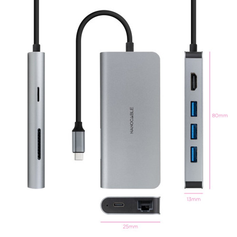 Nanocable Hub USB-C 8 en 1, Conversor USB-C 3.1 a 3xUSB-A 3.0 + HDMI 4K@60Hz + USB-C PD + RJ45 1Gbps + TF + SD, Aluminio, Gris, 18 cm - Imagen 2