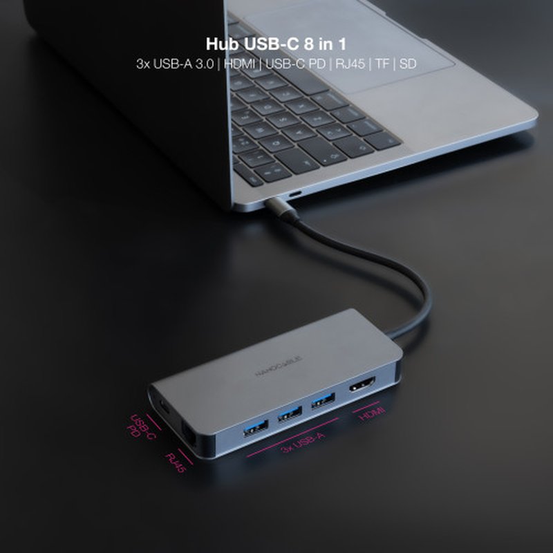 Nanocable Hub USB-C 8 en 1, Conversor USB-C 3.1 a 3xUSB-A 3.0 + HDMI 4K@60Hz + USB-C PD + RJ45 1Gbps + TF + SD, Aluminio, Gris, 18 cm - Imagen 3