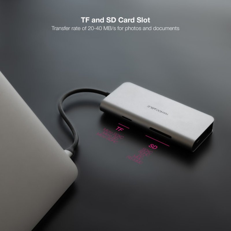 Nanocable Hub USB-C 8 en 1, Conversor USB-C 3.1 a 3xUSB-A 3.0 + HDMI 4K@60Hz + USB-C PD + RJ45 1Gbps + TF + SD, Aluminio, Gris, 18 cm - Imagen 4