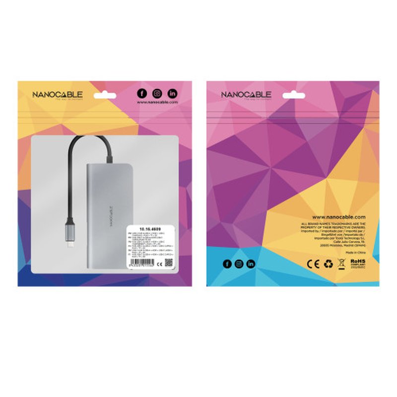 Nanocable Hub USB-C 8 en 1, Conversor USB-C 3.1 a 3xUSB-A 3.0 + HDMI 4K@60Hz + USB-C PD + RJ45 1Gbps + TF + SD, Aluminio, Gris, 18 cm - Imagen 6