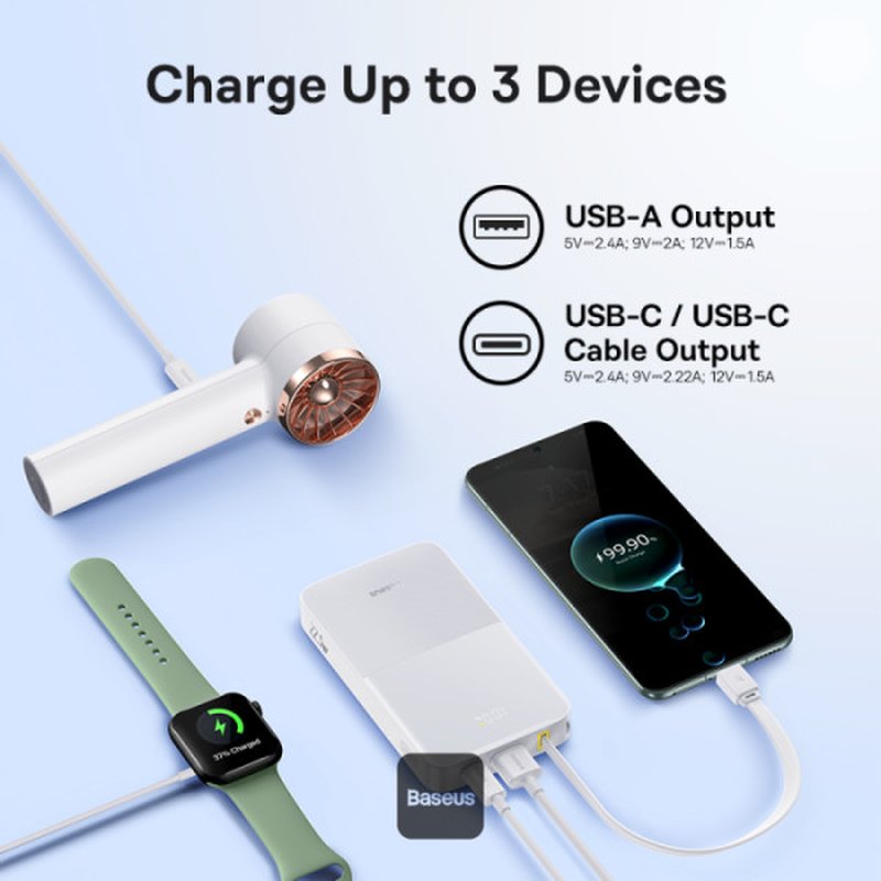 OS-BASEUS ENERFILL FP11 POWER BANK 10000MAH 15W MOON WHITE (INCLUDES SIMPLE TYPE-C TO TYPE-C CABLE 20V/3A 30CM WHITE) - Imagen 4