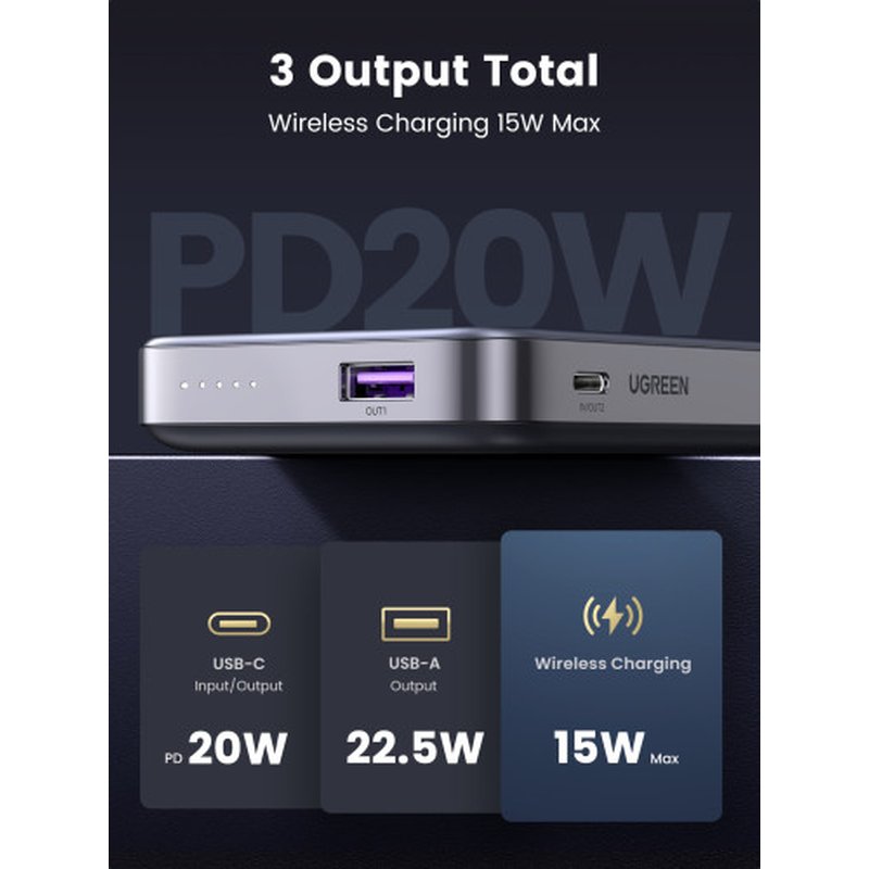 Ugreen 10000mAh Mini Powerbank Wireless 20W with MagSafe grey - Imagen 9