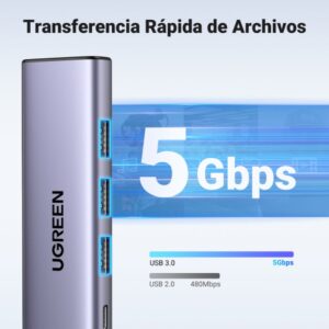 Ugreen 15596 base para portátil y replicador de puertos Alámbrico USB 3.2 Gen 1 (3.1 Gen 1) Type-A + Type-C Aluminio