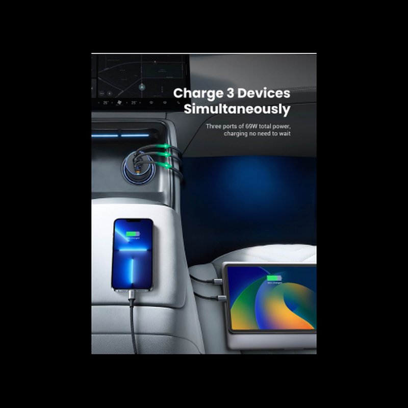 Ugreen 75W 3-Port Fast Car Charg gray Ordenador portátil, Teléfono móvil, Reloj inteligente, Tableta, Teléfono Gris Encendedor de cigarrillos Carga rápida Auto - Imagen 3