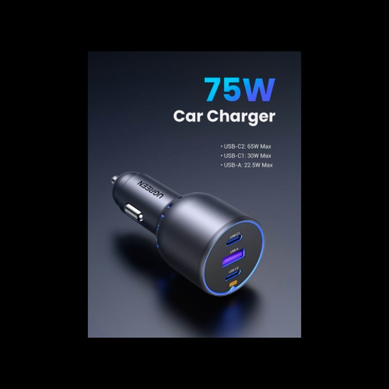Ugreen 75W 3-Port Fast Car Charg gray Ordenador portátil, Teléfono móvil, Reloj inteligente, Tableta, Teléfono Gris Encendedor de cigarrillos Carga rápida Auto - Imagen 6