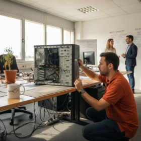 Especialista informático revisando el ordenador de una pequeña empresa en su oficina