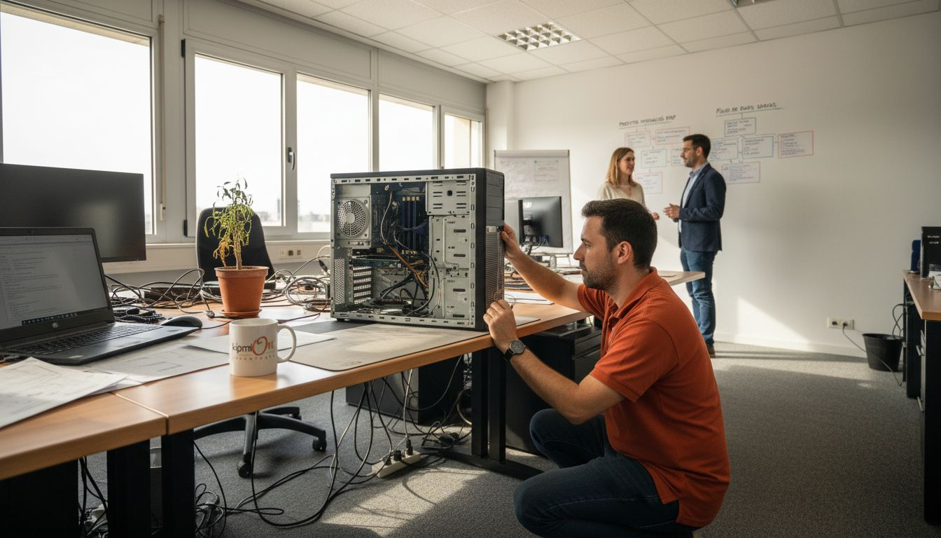 Soporte informático pymes 2026: Reduce 75% riesgos TI Especialista informático revisando el ordenador de una pequeña empresa en su oficina